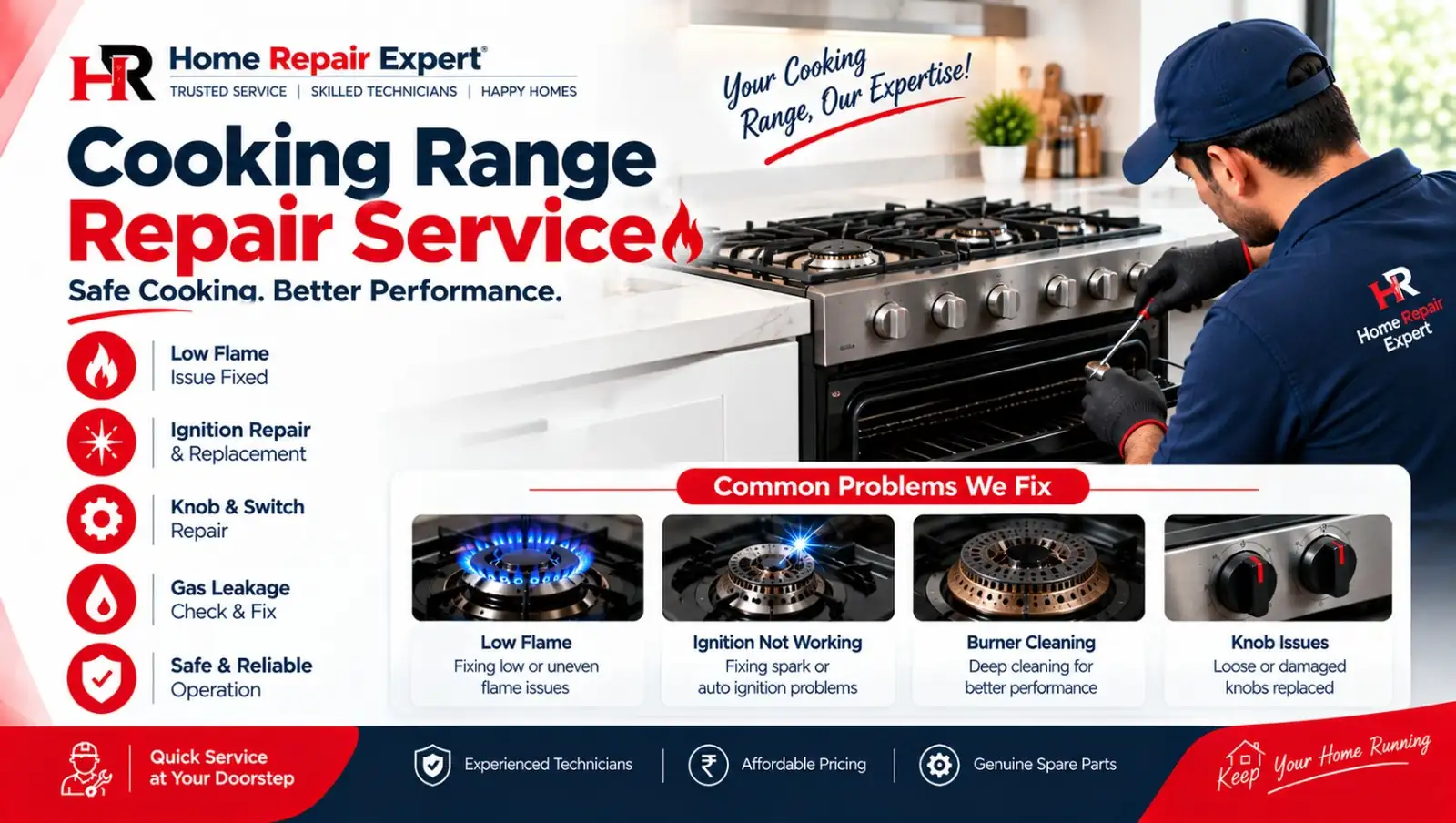 A professional Home Repair Expert cooking range repair service banner featuring a large stainless-steel freestanding cooking range with multiple gas burners, control knobs and an oven in a modern kitchen. A technician wearing a navy-blue uniform, navy cap and black gloves is working on the cooking range with a repair tool. At the top left, the red and black HR Home Repair Expert logo appears above the large dark navy and red heading “Cooking Range Repair Service,” with a red flame symbol and the tagline “Safe Cooking. Better Performance.” The left side displays red circular icons representing low flame, ignition repair and replacement, knob and switch repair, gas leakage check and safe operation. The lower white panel is titled “Common Problems We Fix” and contains four photographs representing low flame, ignition not working, burner cleaning and knob issues. The bottom of the banner has a dark navy strip with service highlights including experienced technicians, affordable pricing and genuine spare parts, along with a red section promoting quick service at the doorstep.