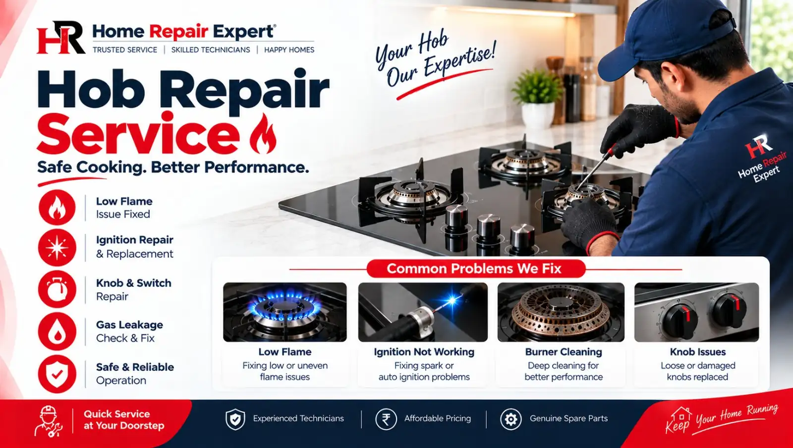 A professional Home Repair Expert hob repair service banner showing a black built-in glass-top gas hob with multiple burners in a modern kitchen. A technician wearing a navy-blue uniform, navy cap and black gloves is carefully repairing one of the hob burners with a hand tool. The top-left area contains the red and black HR Home Repair Expert logo and the text “TRUSTED SERVICE | SKILLED TECHNICIANS | HAPPY HOMES.” Large dark navy and red typography reads “Hob Repair Service,” accompanied by a red flame symbol and the tagline “Safe Cooking. Better Performance.” The left side features red circular service icons for low flame, ignition repair and replacement, knob and switch repair, gas leakage check and safe operation. The bottom section titled “Common Problems We Fix” contains four image panels showing low flame, ignition not working, burner cleaning and knob issues. The banner uses a white background with red and dark navy design elements.